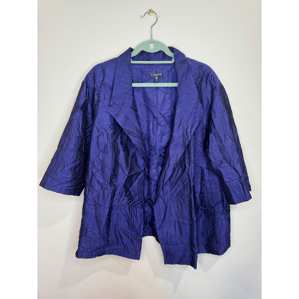 Eileen Fisher Silk Blend Open Front Jacket 3/4 Sleeve Purple Blue Blazer sz 1X